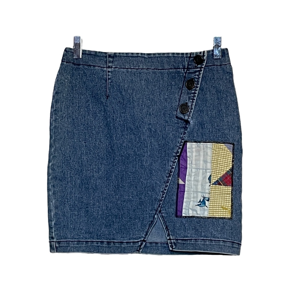 Anthropologie Denim Mini Skirt with Patchwork Accent - Blue